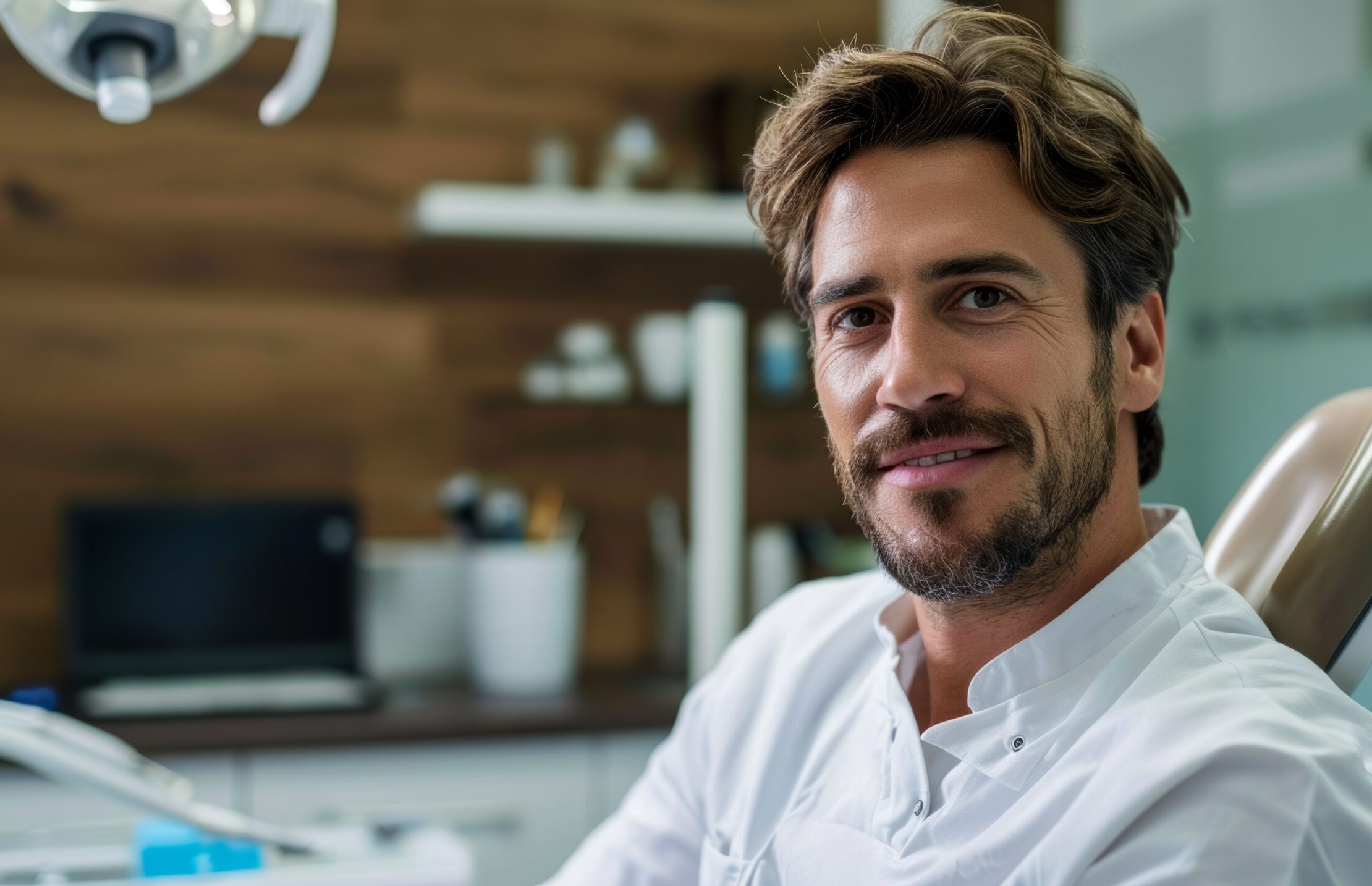 Handsome young man at dentists office interior. Neural network ai generated