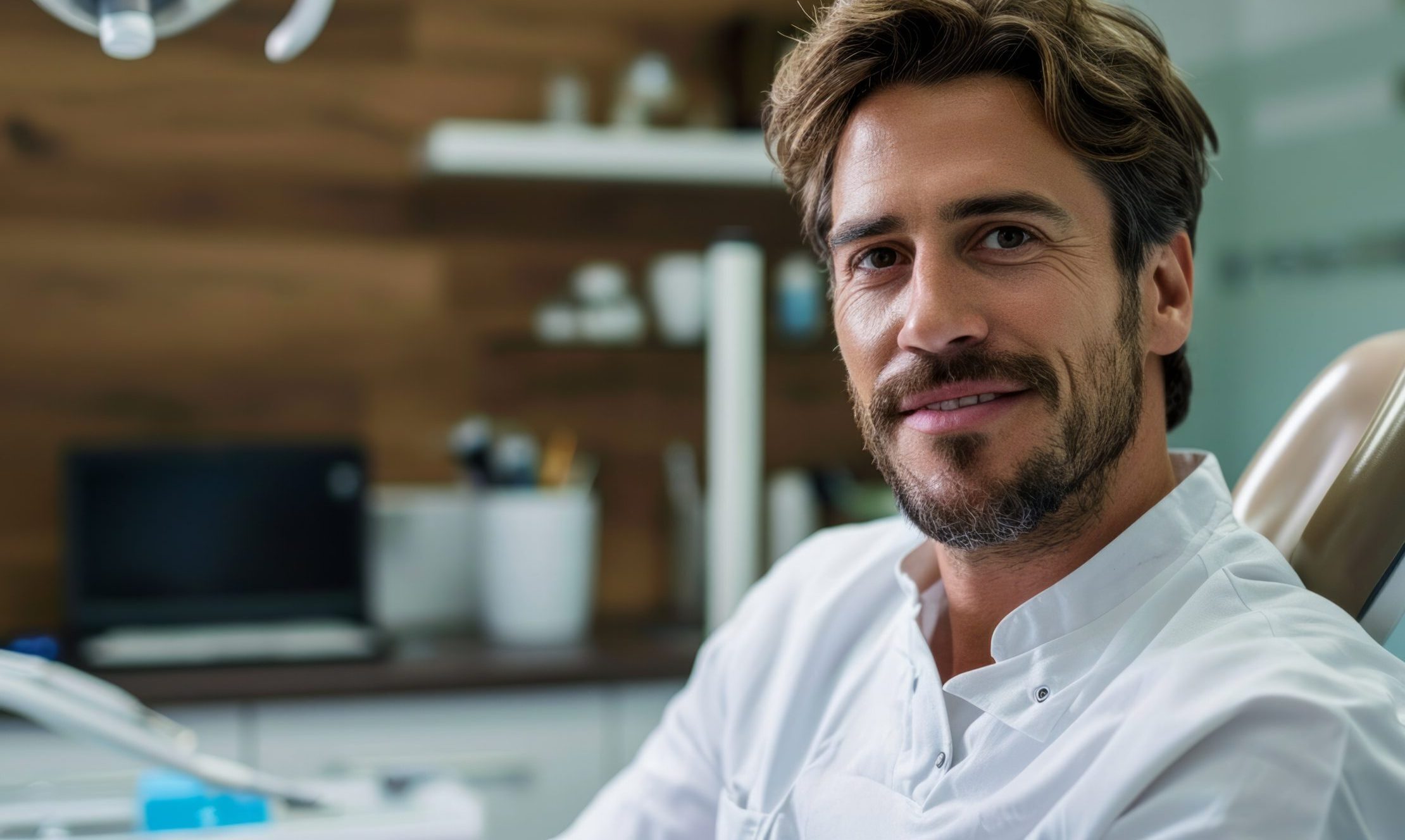 Handsome young man at dentists office interior. Neural network ai generated